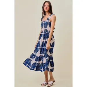 SO ME Abstract Print Smocked Bodice Tiered Lined Midi Dress - Navy - Medium thumbnail 10