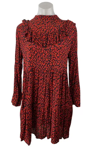 ZARA Red Black Leopard Print Ruffle Mock Neck Long Sleeves Mini A-Line Dress S thumbnail 1
