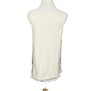 Madewell Cream And Navy Boho Embroidered Relaxed Tank With Fringe M thumbnail 3