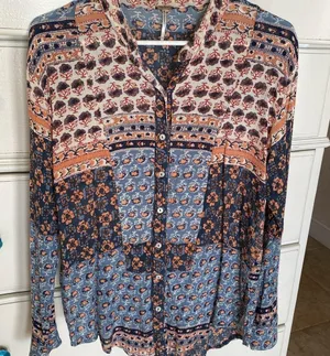Free People Caravan Block Print Button Front Blouse Top S thumbnail 1