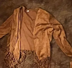 Tan faux suede Shein jacket with fringe. Size small and never worn. thumbnail 1