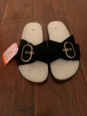 Women’s Black Slide Sandals with Gold Buckle Hardware thumbnail 2