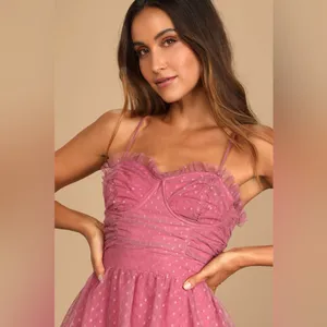 Lulus Sweetheart Style Mauve Polka Dot Bustier Tiered Midi Dress Size Small NWT thumbnail 3