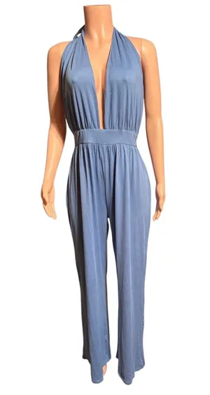 Shein blue plunge halter neck wide leg jumpsuit XL thumbnail 2