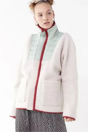 Urban Outfitters UO Mixed Media Sherpa Fleece Windbreaker Jacket Cream‎ Green Lg thumbnail 1