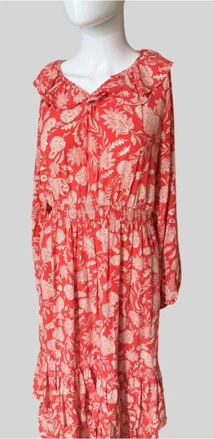 Universal Threads Coral and Cream Floral Long-Sleeve Midi Dress thumbnail 1
