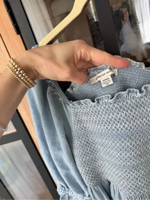 American Eagle babydoll top Denim Smocked Peplum square Puff Sleeve Embroidered thumbnail 3