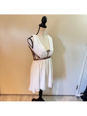 Tobi Gold metallic skater dress white mini Roman dress sequin straps NWT XS thumbnail 4