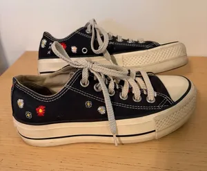 Converse Black Low-Top Sneakers with Embroidered Flowers size 5 thumbnail 1