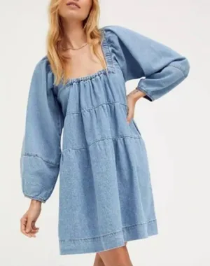 Free People Lou Jean Dress Womens XS Blue Denim Square Neck Balloon Sleeve Mini thumbnail 1