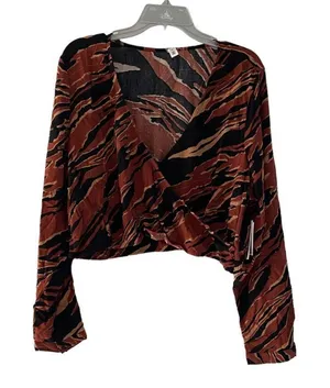 NWT BP Burnout Tiger Stripe Wrap Front Crop Top 1X Brown Animal Print Long Sleev thumbnail 1