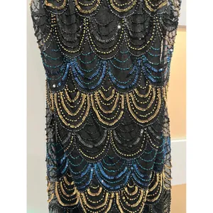 Vintage Art‎ Deco Beaded Scallop Mini Dress Navy Gold Iridescent Flapper thumbnail 4