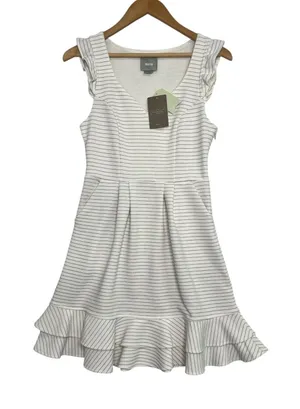 Anthropologie Maeve Dress Womens 4 Ivory Striped Fit Flare Ruffle Party Cottage thumbnail 1