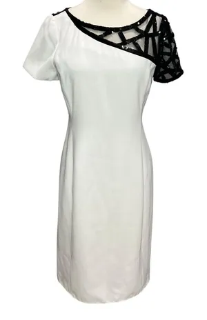 Angel Sanchez Sheath Dress 6‎ White Black Sequined Sheer Minimalist Renaissance thumbnail 1