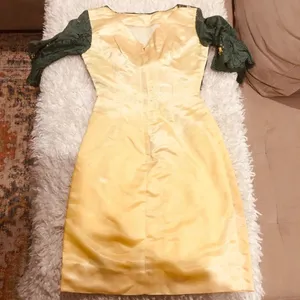 UNBRANDED Hand-Made Vintage 60s Green Lace Yellow Satin Beaded Fitted Dress XXS thumbnail 11