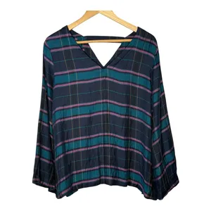 LOFT Plaid Blouse Women Medium Blue Teal Purple‎ Bell Sleeve V-Neck Strappy Back thumbnail 4