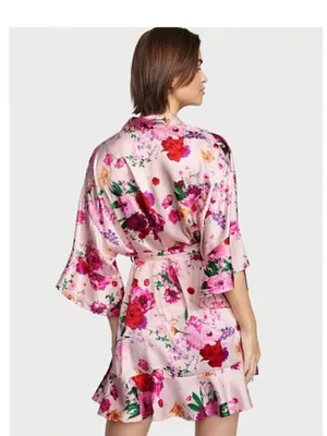Victoria's Secret Pink Floral Satin Robe with Purple Blooms thumbnail 2