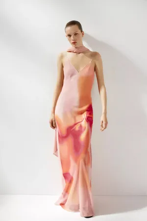 Zara Elegant Pink and Orange Maxi Dress scarf evening party wedding thumbnail 14