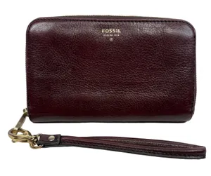 Fossil Logan Zip Around Clutch Wallet Burgundy Leather Teal Interior Wristlet thumbnail 1