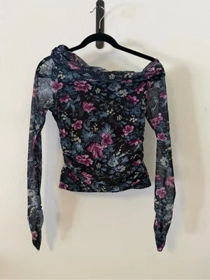 Anthropologie Mesh Off-Shoulder Asymmetrical Floral Ruched Top thumbnail 4