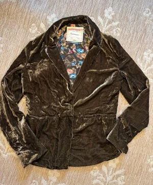 Cartonnier Olive Velvet Single-Button Blazer with Floral Lining thumbnail 1