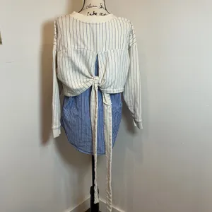 Anthropologie Mixed Media Pinstripe Tie Back Sweatshirt Top Blue Cream Medium M thumbnail 5