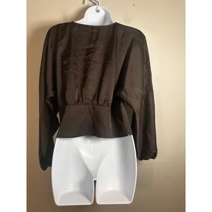 Banana‎ Republic Brown Satin Cropped Blousant-Sleeve Blouse Costa Coffee 10 FA23 thumbnail 5