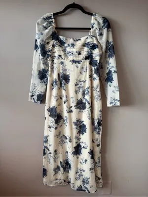 Abercrombie & Fitch NWT Ivory & Blue Emerson Chiffon Long-Sleeve Midi Dress XS thumbnail 2