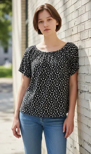 Loft Geometric Black/White Flutter Sleeve Print Top- Size M thumbnail 1