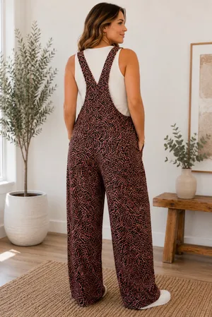 Sm Wardrobe Adjustable Strap Printed Wide-Leg Overalls in Rust Brown thumbnail 2