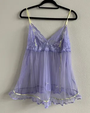 Y2k Victorias Secret Sheer Mesh Babydoll Purple Green Garden Fairy Coquette Sz L thumbnail 1