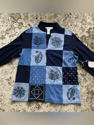 Essentials Navy and Light Blue Patchwork Embellished Zip Jacket Size 1X thumbnail 5
