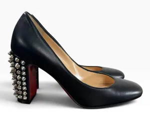 Christian Louboutin Donna 85 Black Leather Silver Spike Block Heel Pumps 35.5 thumbnail 1