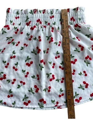 Anthropologie Cherry Print Mini Skirt White Red Fruit A-Line Smocked Waist M thumbnail 4