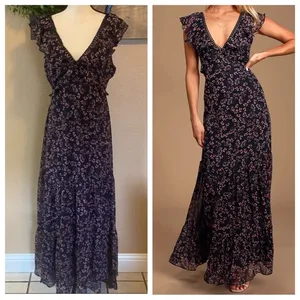 Lulus NWOT Darling Daydream Navy Blue Floral Print Ruffled Maxi Dress thumbnail 2