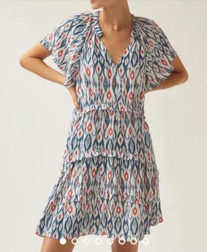 ANTHROPOLOGIE‎ Robin Tiered Ruffle Dress in Ikat White & Blue Print XS thumbnail 1