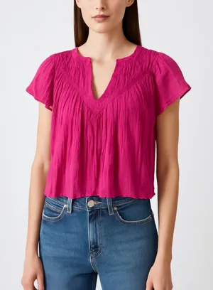 Free People Padma Pink Raw Hem Short Flutter Sleeve V-Neck Sheer Blouse Top Sz S thumbnail 1