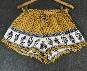 About A Girl Mustard Yellow Paisley Pom Pom Trim Boho Shorts Large 34HD0411TRM thumbnail 1