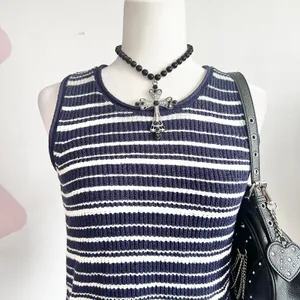 Navy Striped Knit Tank‎ Top, Coastal Chic, Old Money, Minimalist, Preppy, Medium thumbnail 2