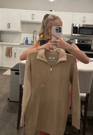 Old Navy Tan Quarter-Zip Mockneck Mini Sweater Shift Dress Oatmeal Heather XL thumbnail 7