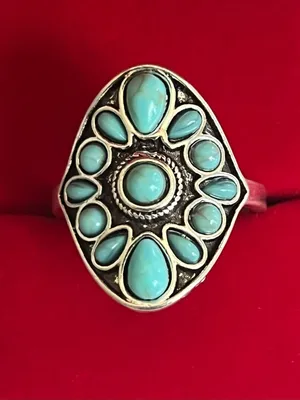 Bohemian/Aztec Design Faux Turquoise Stainless Steel Silver Ring Size 9 NWT thumbnail 2