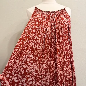 Anthropologie Low Back Flounced Maxi Lounge Dress‎ Size Large Rust Brown Floral thumbnail 4