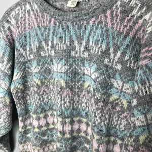 Vintage fair isle gray nordic thick sweater neutral pullover lodge medium chunky thumbnail 6