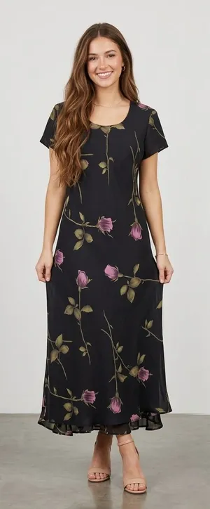 Jessica Howard Black Pink Rose Floral Short Sleeve Maxi Gown Dress Vintage thumbnail 1