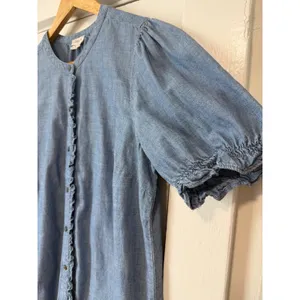 J.Crew Re-Imagined Blue Chambray Ruffle Trim Puff Sleeve Button Top Medium thumbnail 6