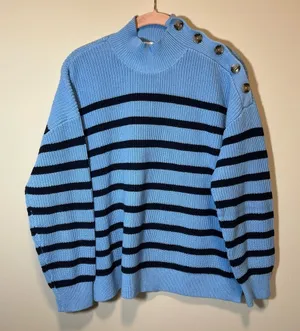 Loft Women’s Blue and‎ Navy Striped Mock Neck Button Sweater XLP thumbnail 1