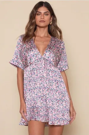 Lulus Express Yourself Blush Pink Floral Print Satin Babydoll mini Dress medium thumbnail 1