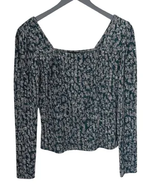 IN San Francisco Square Neck Top Womens Medium Teal Grey Abstract Smocked Ribbed thumbnail 1