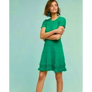 Anthropologie MAEVE Promenade Pointelle‎ Knit Dress Solid Green Flirty X-Small thumbnail 4