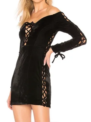 NBD black lace up Olivia velvet dress thumbnail 1